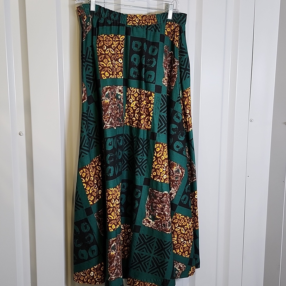 Gene Ewing BIS Vintage 80s Patchwork Print Circle Skirt Green Brown Size Small - Picture 2 of 10